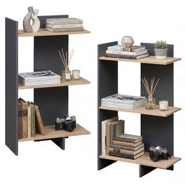 Costway - 2 PCS 3-Tier Wooden Bookshelf,Free Standing Open Storage Shelf with Anti-Tipping Kit - Oak + Gray