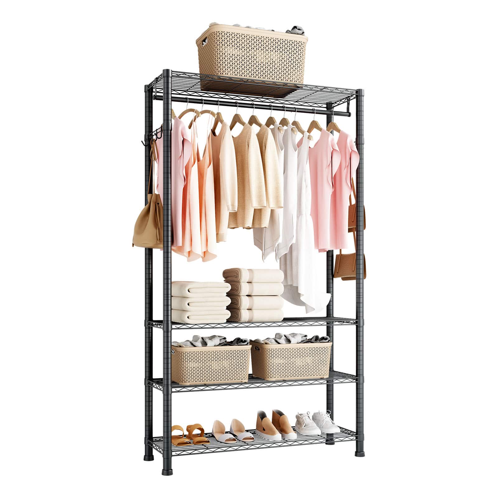 VEVOR - Clothing Garment Rack, Heavy Duty Clothing Garment Rack, 4 Adjustable Tiers Clothing Racks with Carbon Steel - Black