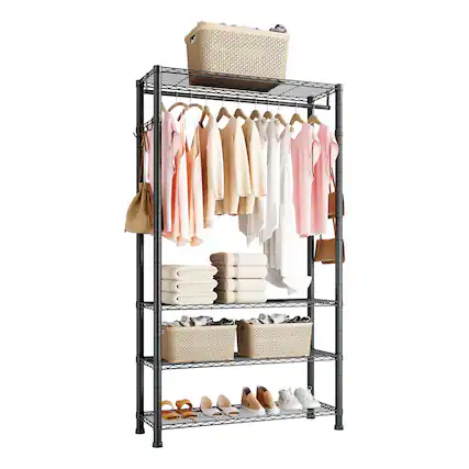 Front. VEVOR - Clothing Garment Rack, Heavy Duty Clothing Garment Rack, 4 Adjustable Tiers Clothing Racks with Carbon Steel - Black.