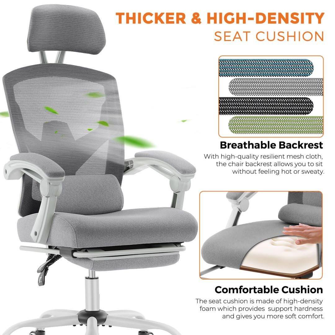 **Thicker & High-Density Seat Cushion**

- **Breathable Backrest**  
  With high-quality resilient mesh cloth, the chair backrest allows you to sit without feeling hot or sweaty.

- **Comfortable Cushion**  
  The seat cushion is made of high-density foam which provides support hardness and gives you more soft comfort.