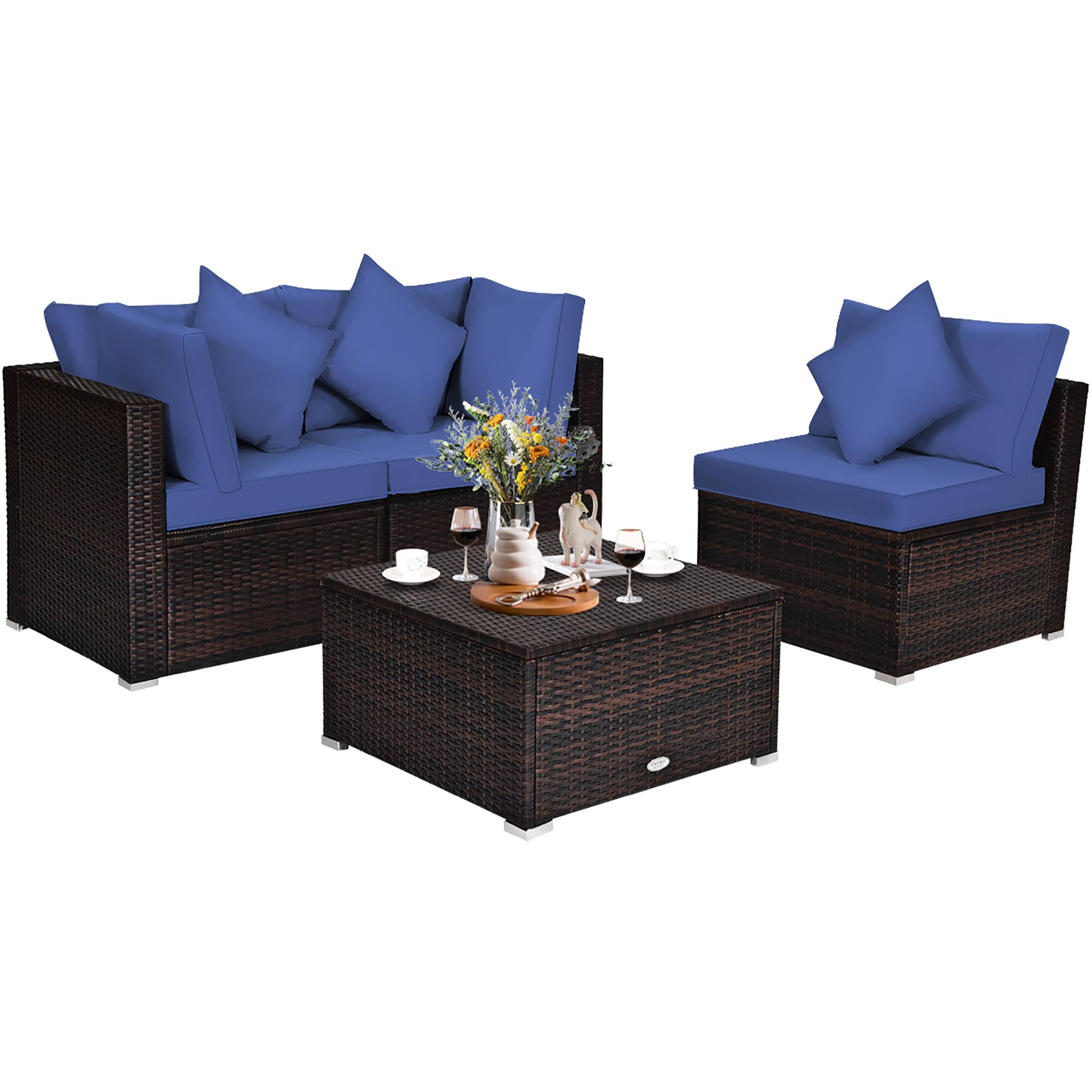 Left. Costway - 4PCS Patio Rattan Furniture Set Sofa Ottoman Cushion Garden Deck - Navy.