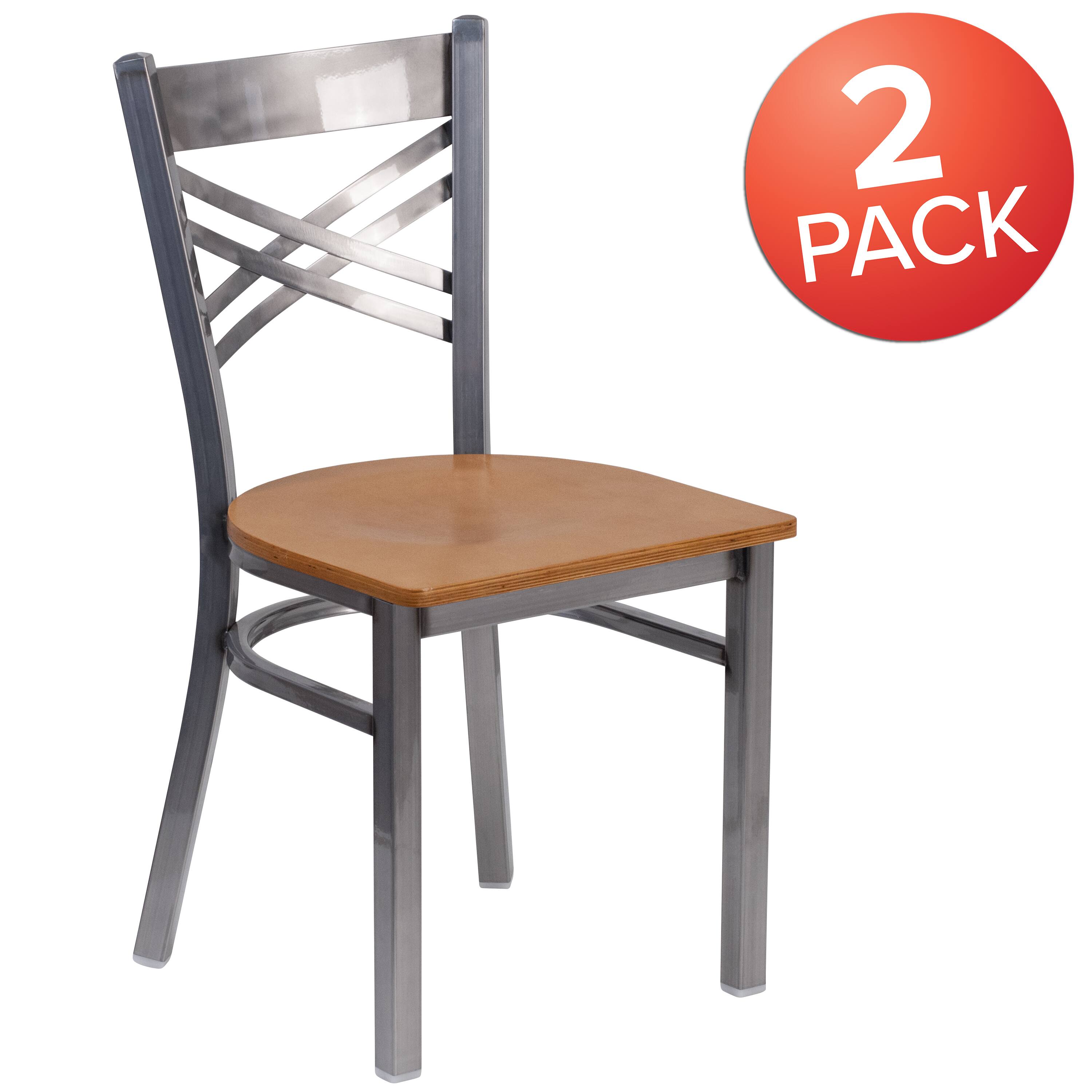 Alt View 1. Emma + Oliver - 2 Pack Clear Coated "X" Back Metal Restaurant Chair - Natural Wood Seat/Clear Coated Metal Frame.