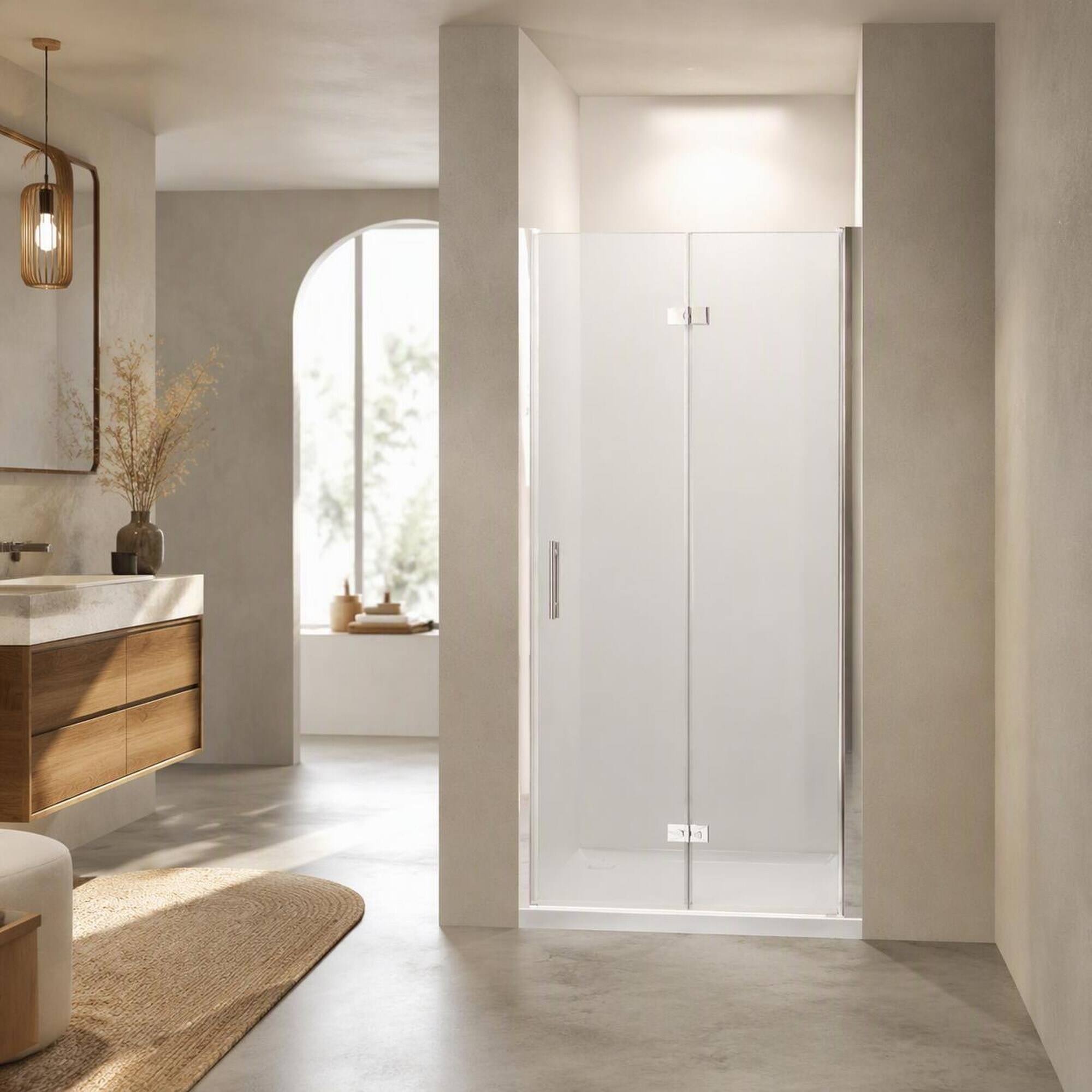 Front. RYHNUYNE - 37-36" X 72" Bifold Shower Door With 1/4" Tempered Glass, Chrome Frame And Safety Film - Brushed Nickel.