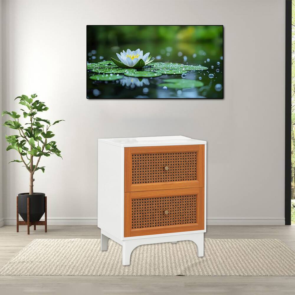 Front. Hivvago - Decorative Boho Bedside Cabinet with Dual Rattan Embellished Drawers - White.