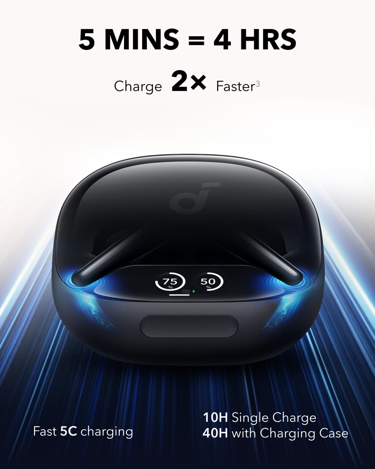 5 MINS = 4 HRS Charge 2x Faster. 3D 75% 50% De Fast 5C charging. 10H Single Charge. 40H with Charging Case.