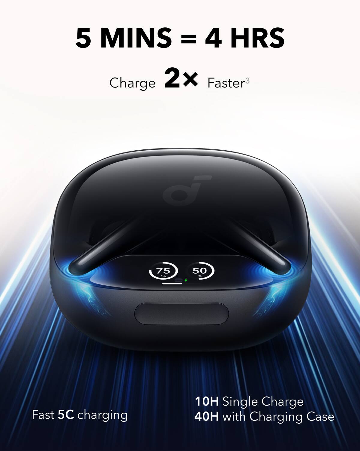 5 MINS = 4 HRS Charge 2x Faster. 3D 75% 50% De Fast 5C charging. 10H Single Charge. 40H with Charging Case.
