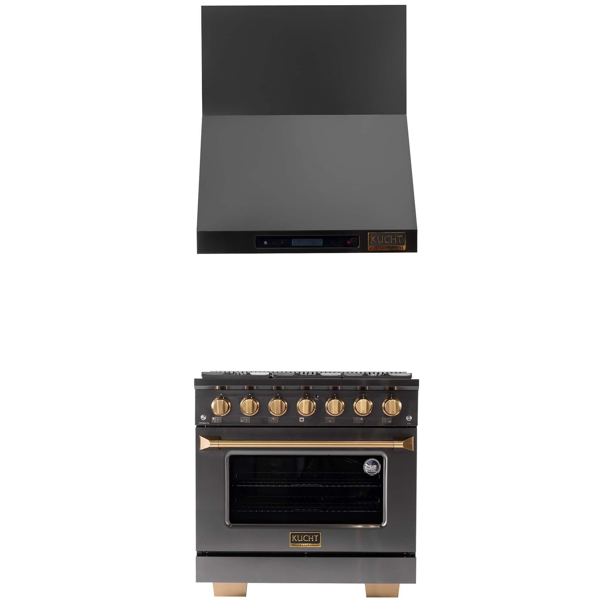 Kucht - 36 in. 5.2 cu. ft. 6-Burners Dual Fuel Range for Propane Gas in Gemstone + Wall Mount Range Hood - Gemstone