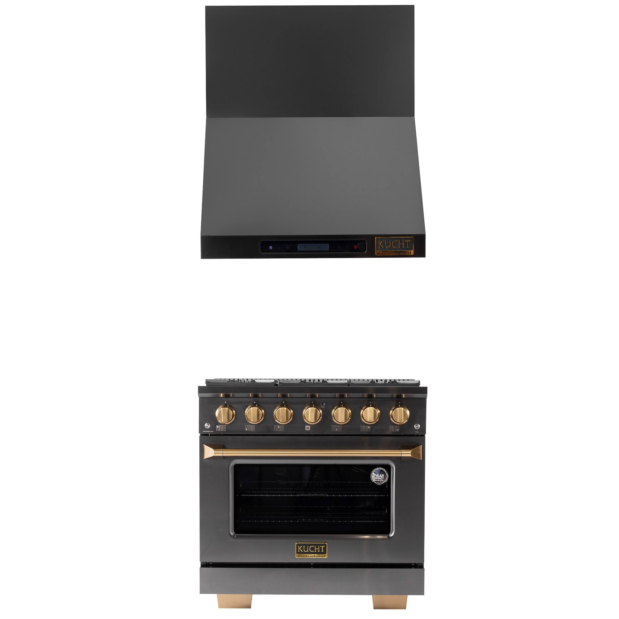 Kucht - 36 in. 5.2 cu. ft. 6-Burners Dual Fuel Range for Propane Gas in Gemstone + Wall Mount Range Hood - Gemstone