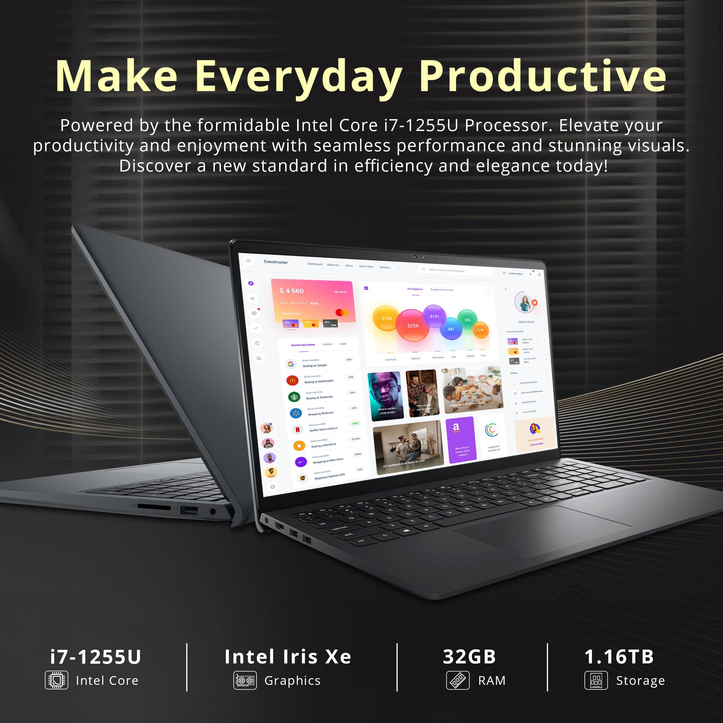 Make Everyday Productive

Powered by the formidable Intel Core i7-1255U Processor. Elevate your productivity and enjoyment with seamless performance and stunning visuals. Discover a new standard in efficiency and elegance today!

i7-1255U  
Intel Core

Intel Iris Xe  
Graphics

32GB  
RAM

1.16TB  
Storage
