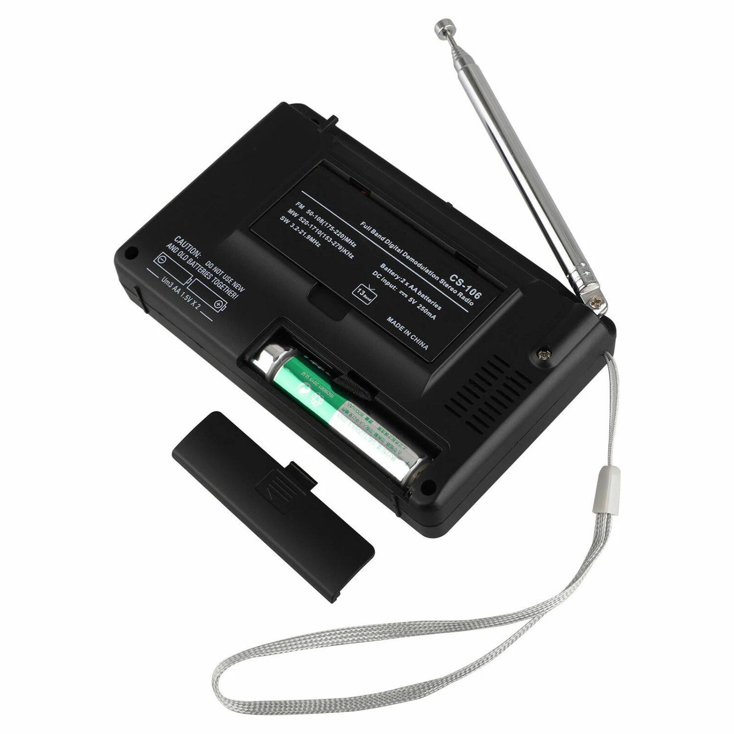 AND OLD AND CAUTION: DO NOT USE OLD BATTERIES. USE NEW AA BATTERIES ONLY. FM/MW/AM/SW/VHF/UHF. FULL BAND DIGITAL DEMODULATOR. Stereo Radio. CS-106. MADE IN CHINA.