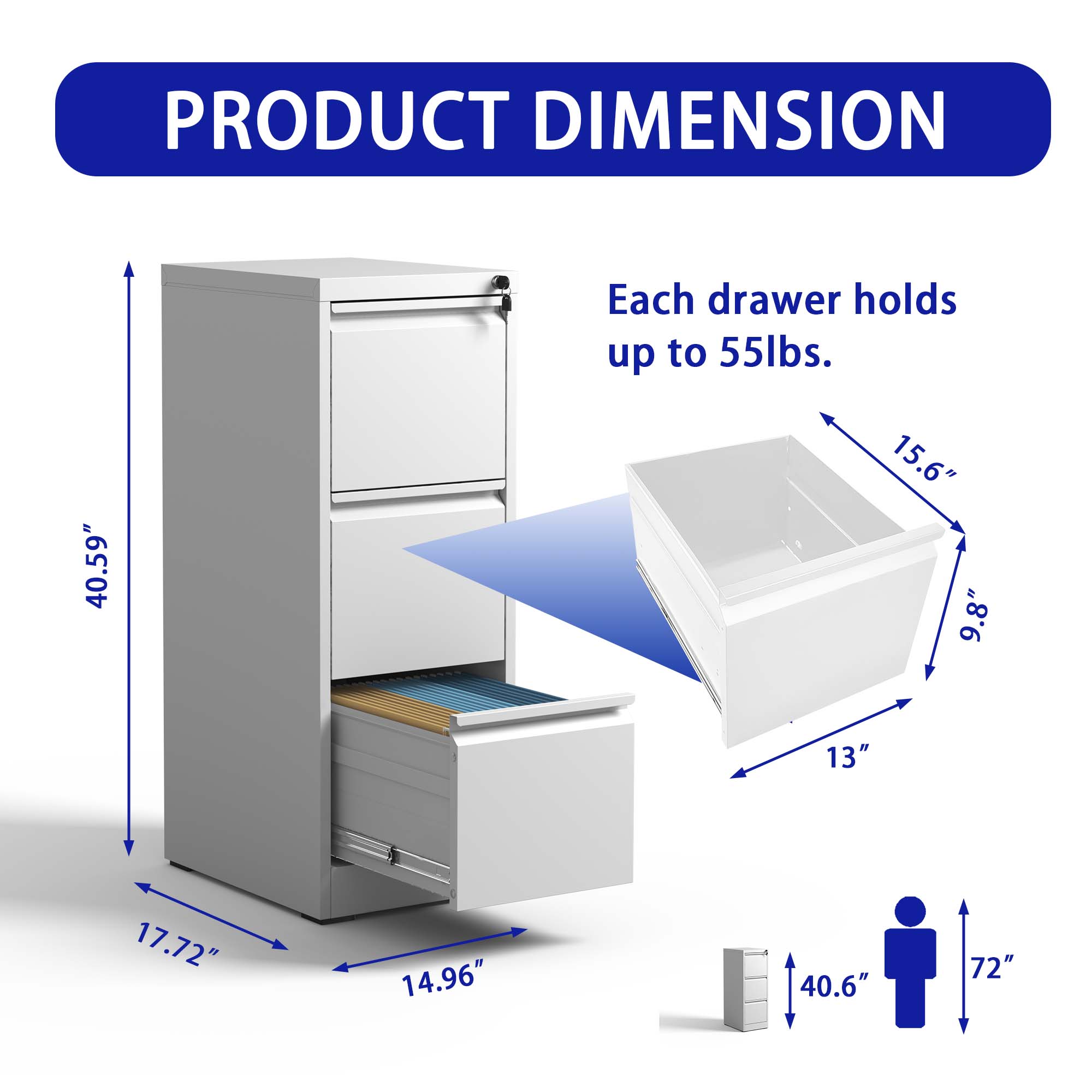 PRODUCT DIMENSION

Each drawer holds up to 55lbs.

- Height: 40.59"
- Width: 15.6"
- Depth: 9.8"
- Drawer Height: 13"
- Drawer Width: 17.72"
- Drawer Depth: 14.96"
- Overall Height: 72"
- Overall Width: 40.6"
