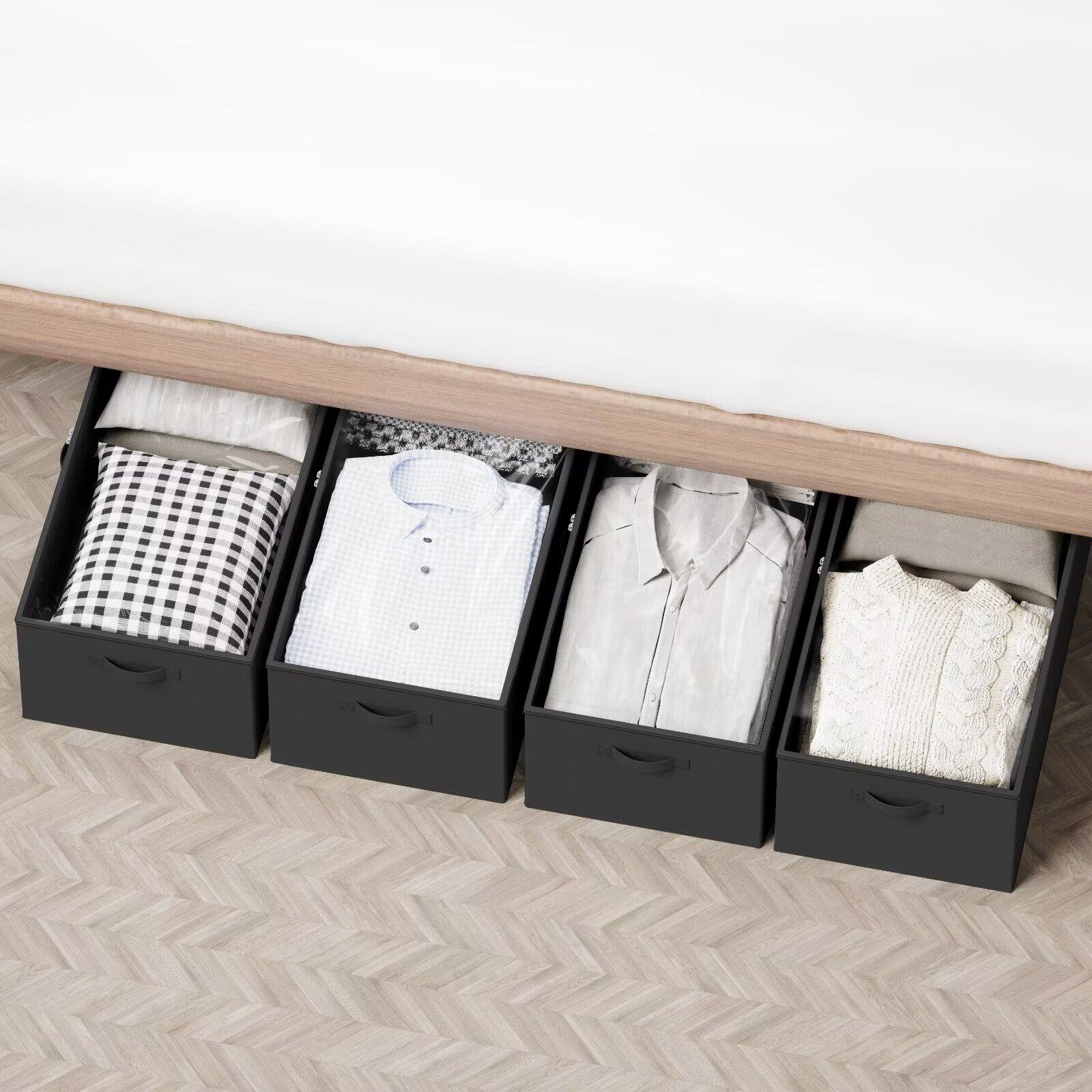 Angle. Tooloton - 4-Pack Black Under-Bed Storage Containers, 10-Inch Height Organizer Bins with Lids - Black.