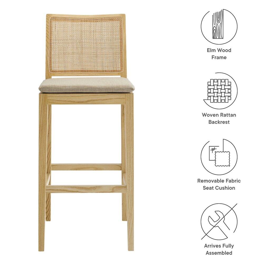 Elm Wood Frame  
Woven Rattan Backrest  
Removable Fabric Seat Cushion  
Arrives Fully Assembled