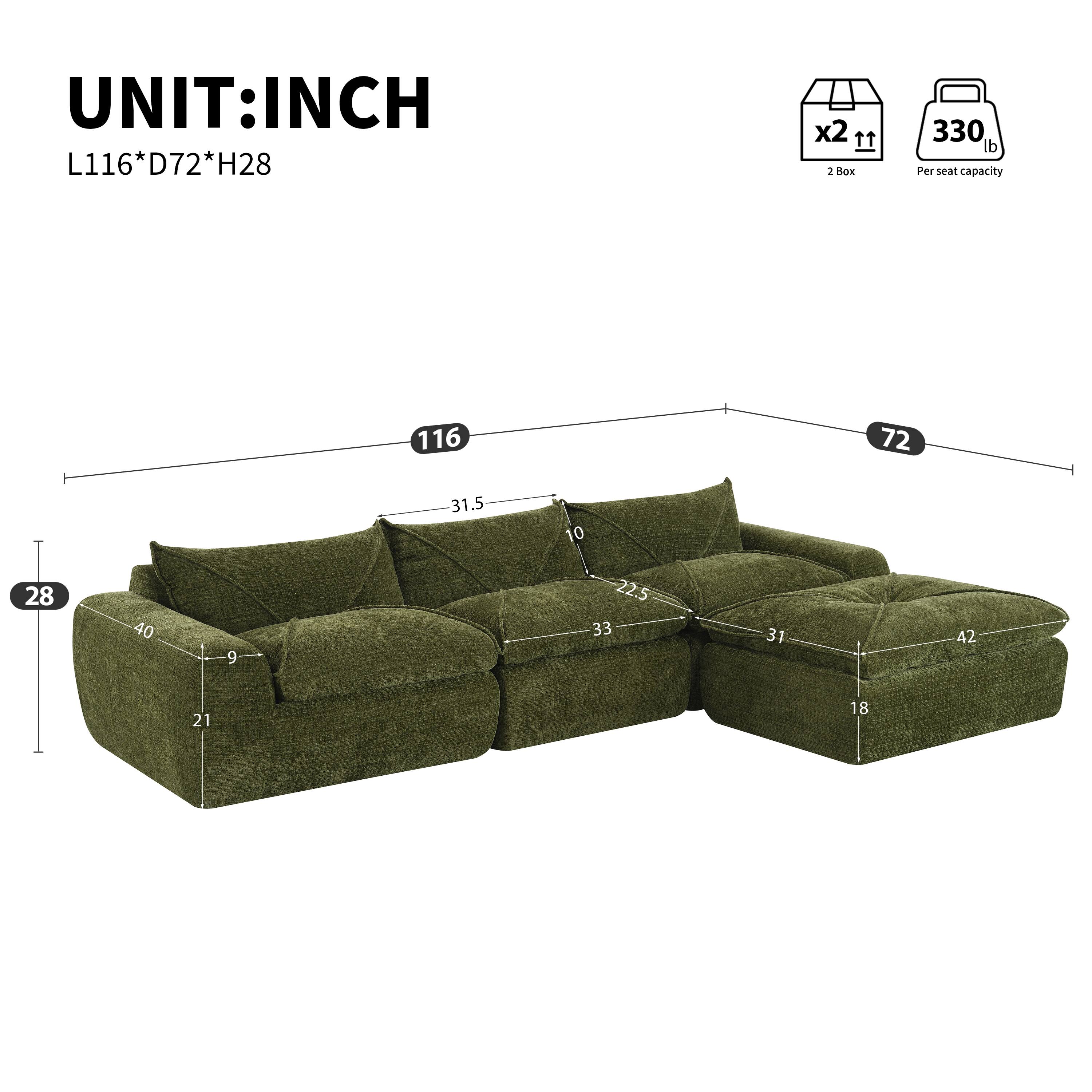 UNIT: INCH  
L116*D72*H28  

2 Box  
330 lb Per seat capacity  

116  
72  
31.5  
10  
28  
40  
9  
22.5  
33  
31  
42  
21  
18