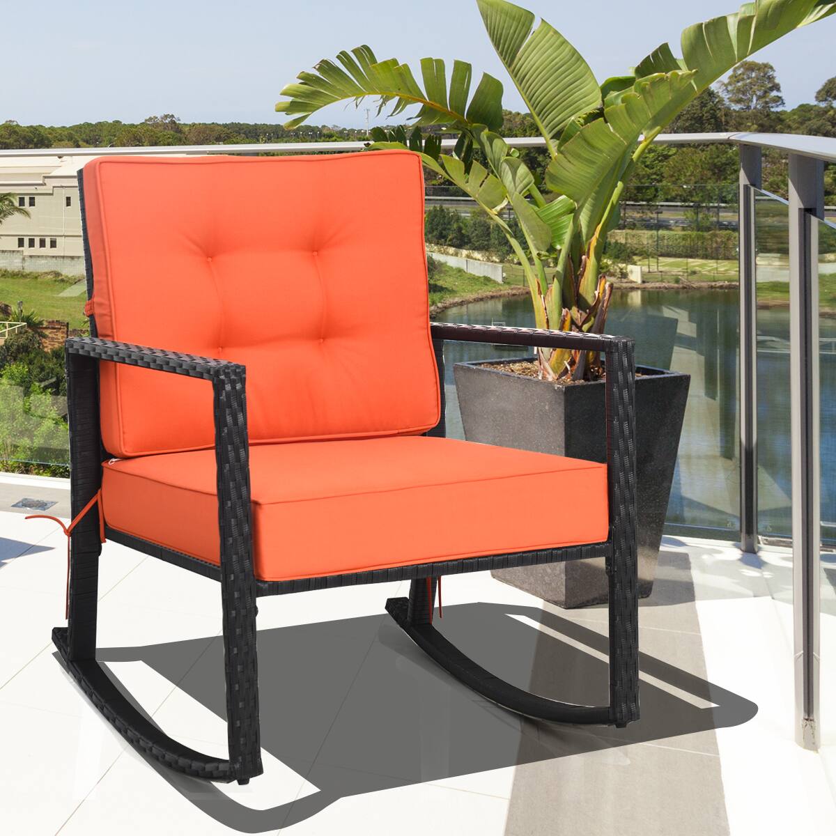 Alt View 3. Costway - Costway Patio Rattan Rocker Chair Outdoor Glider Wicker Rocking Chair Cushion Lawn Deck - Orange.