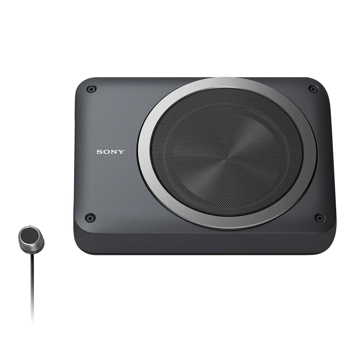 Front. Sony - Sony Mobile XS-AW8 8 in. Compact Powered Under Seat Subwoofer with Remote Volume Control - Gray.