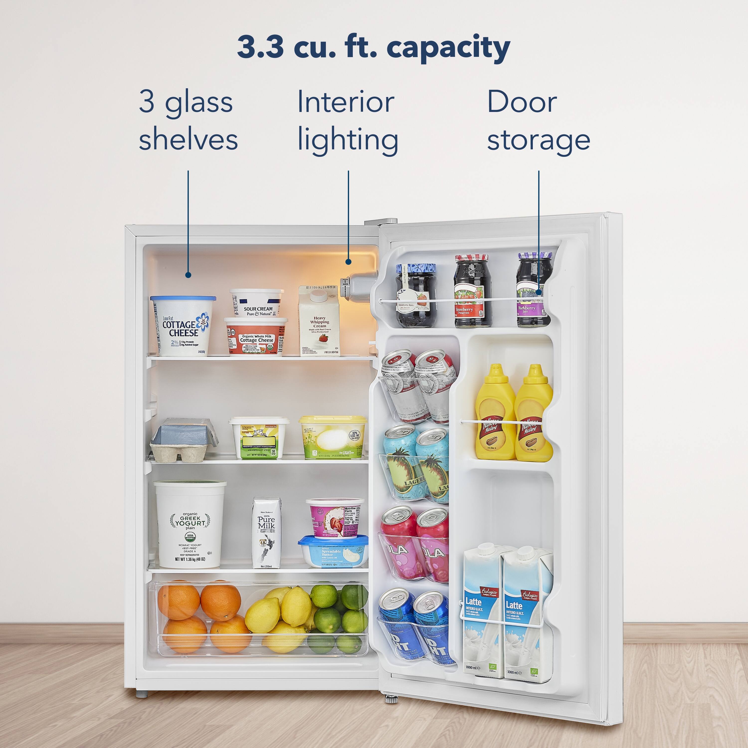 3.3 cu. ft. capacity

3 glass shelves

Interior lighting

Door storage