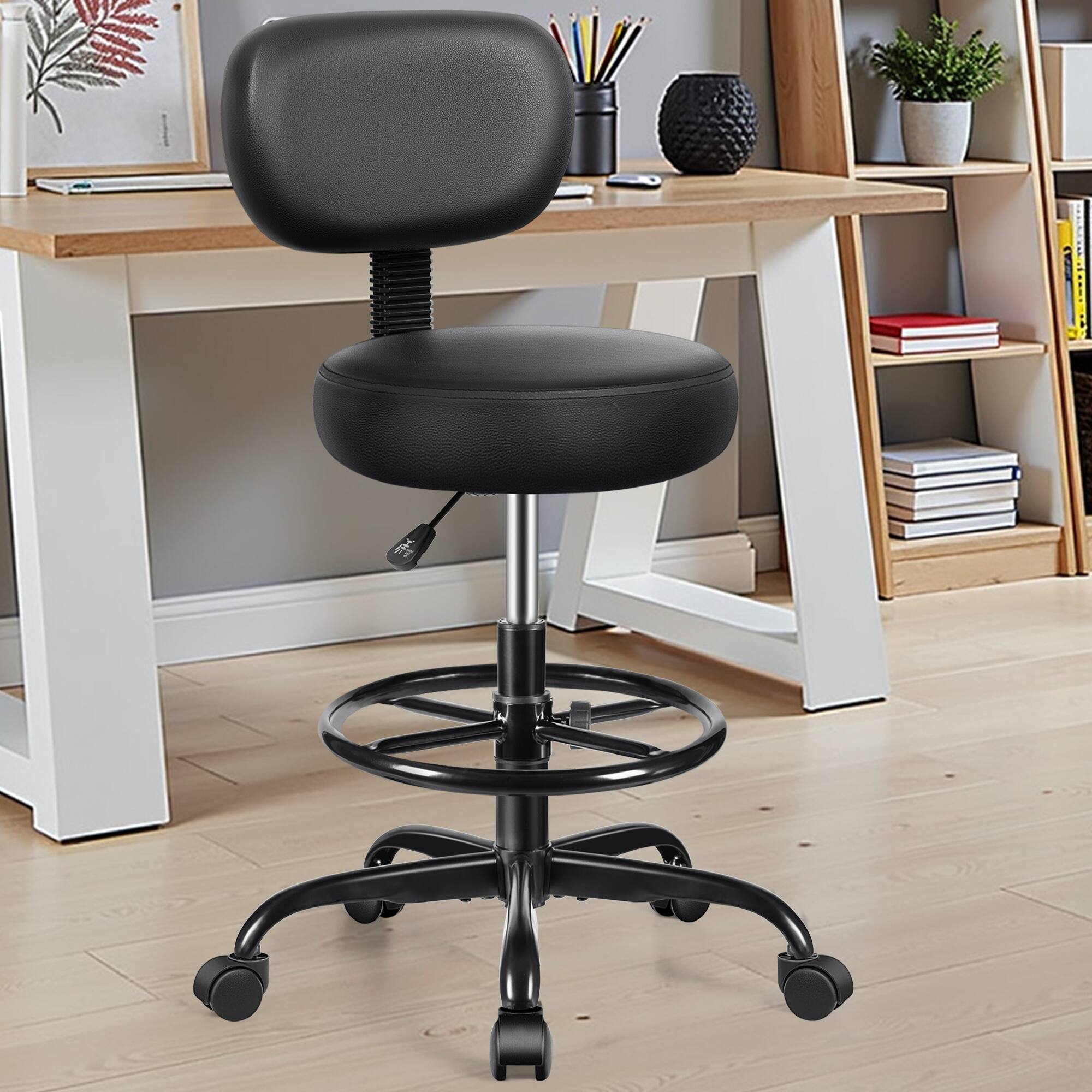 Alt View 7. Brick Attic - Drafting Chair with Backrest, PU Leather Adjustable Foot Rest Stool with Wheels for Office Spa Studio Lab Counter Salon - Black.