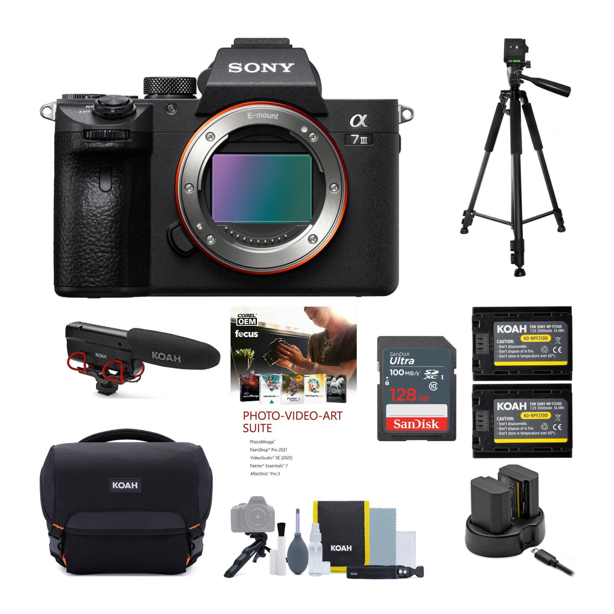 SONY α7 III  
E-mount  

KOAH  
Focus  

PHOTO-VIDEO-ART SUITE  
- Photoshop 2021  
- Premiere Pro 2021  
- After Effects 2021  
- Lightroom 2021  
- AetherShot Pro 8  

SanDisk Ultra 128 GB 100 MB/s  

KOAH  
- Tripod  
- Camera Bag  
- Cleaning Kit  
- Battery Charger  
- Memory Cards (2x)  
- Other Accessories