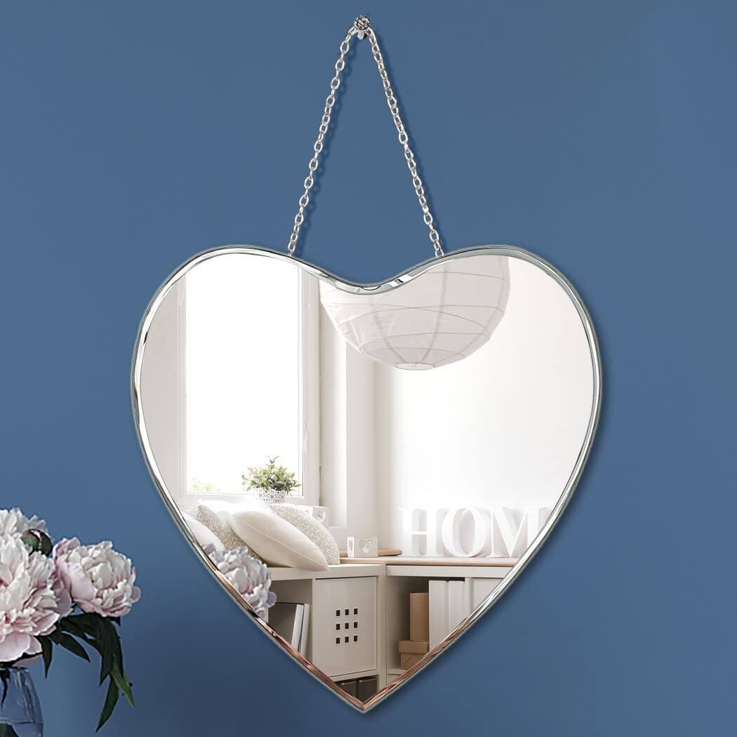 Front. Comfort Essence - Heart Shaped Mirror With Iron Chain For Wall Decor - Hang Real Glass Frameless Decorative Glam MirrorProduct - 1 Piece.