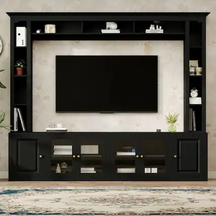 Front. CheryLife - 92 in. 4-Piece Black Modern Entertainment Center Wall Unit with Bookshelves for TVs Up to 80" - Black.