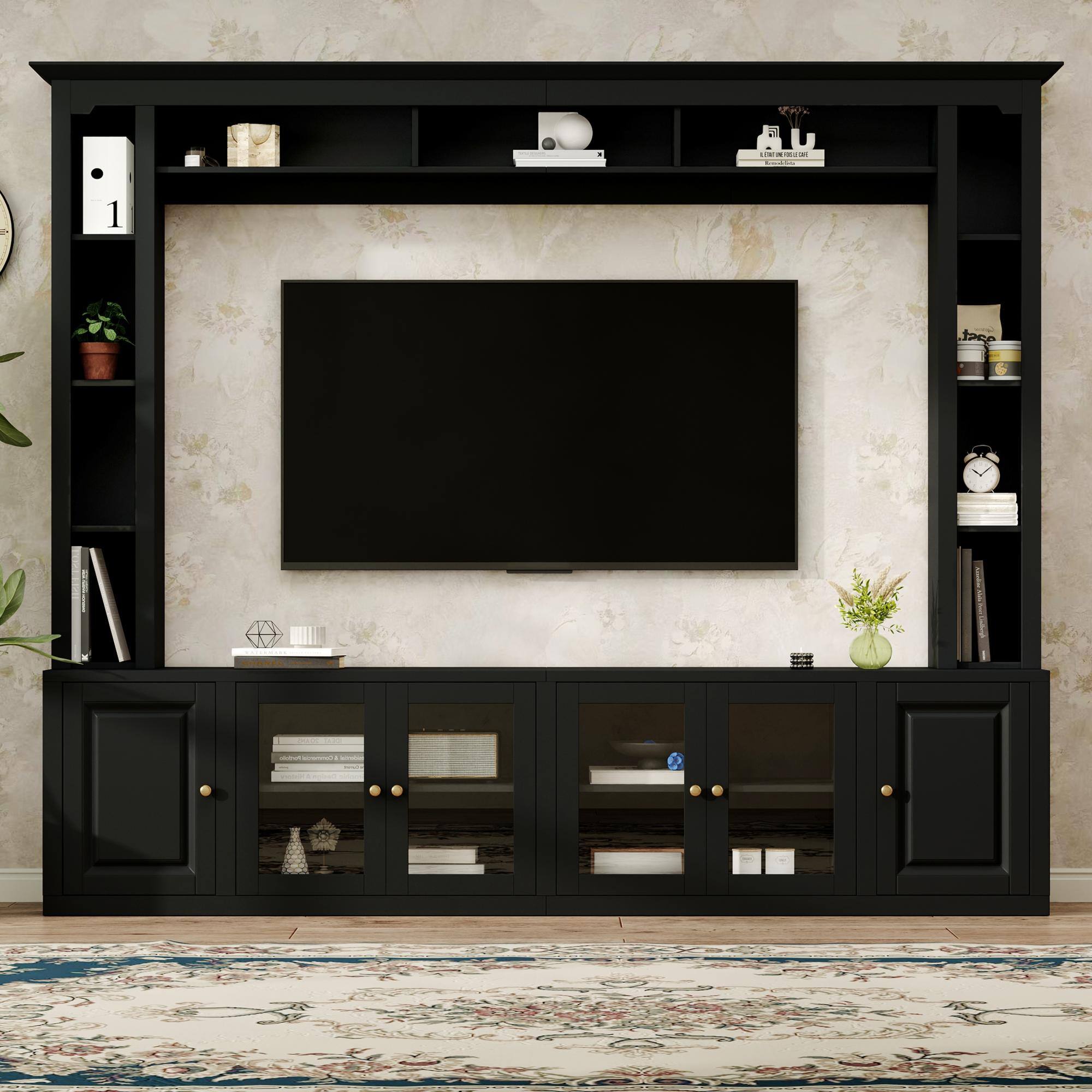 Front. CheryLife - 92 in. 4-Piece Black Modern Entertainment Center Wall Unit with Bookshelves for TVs Up to 80" - Black.
