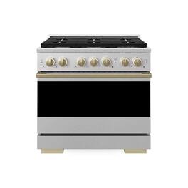 ZLINE - Autograph 36 in. 5.2 cu. ft. Marino Dual Fuel Freestanding Range with 6 Gas Burners in Satin Steel with Bronze Accents - Satin Stainless Steel