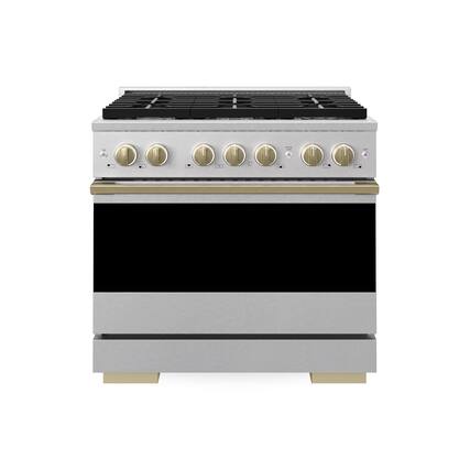 Front. ZLINE - Autograph 36 in. 5.2 cu. ft. Marino Dual Fuel Freestanding Range with 6 Gas Burners in Satin Steel with Bronze Accents - Satin Stainless Steel.