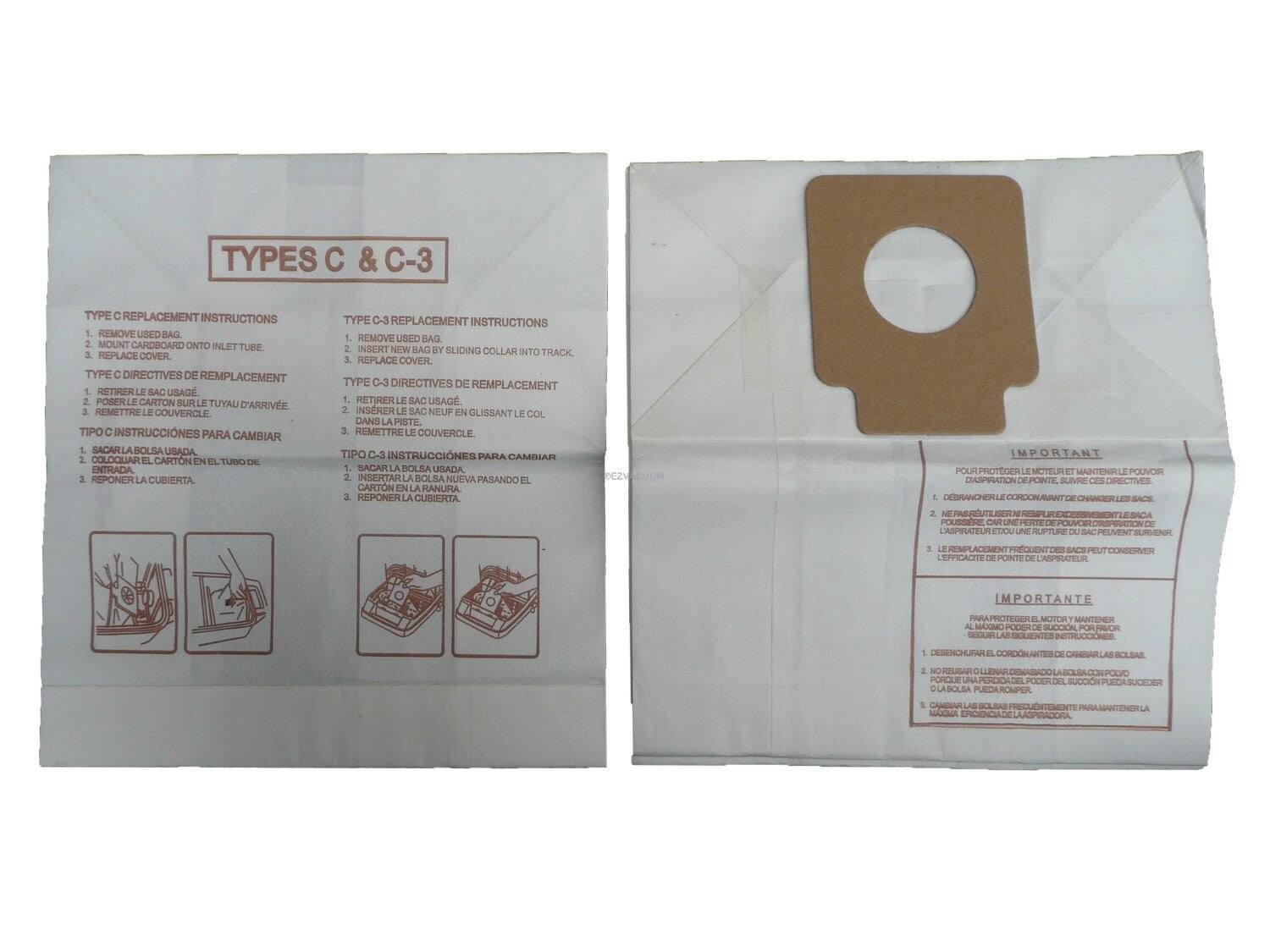**TYPES C & C-3**

**TYPE C REPLACEMENT INSTRUCTIONS**
1. REMOVE USED BAG.
2. MOUNT CARDBOARD ONTO INLET TUBE.
3. REPLACE COVER.

**TYPE C DIRECTIVES DE REMPLACEMENT**
1. RETIRER LE SAC USAGÉ.
2. POSER LE CARTON SUR LE TUYAU D'ARRIVÉE.
3. REMETTRE LE COUVERCLE.

**TIPO C INSTRUCCIONES PARA CAMBIAR**
1. SACAR LA BOLSA USADA.
2. COLOCAR EL CARTÓN EN EL TUBO DE ENTRADA.
3. REPONER LA CUBIERTA.

**TYPE C-3 REPLACEMENT INSTRUCTIONS**
1. REMOVE USED BAG.
2. INSERT NEW BAG, SLIDING COLLAR INTO TRACK.
3. REPLACE COVER.

**TYPE C-3 DIRECTIVES DE REMPLACEMENT**
1. RETIRER LE SAC USAGÉ.
2. INSÉRER LE SAC NEUF EN GLISSANT LE COL DANS LA PISTE.
3. REMETTRE LE COUVERCLE.

**TIPO C-3 INSTRUCCIONES