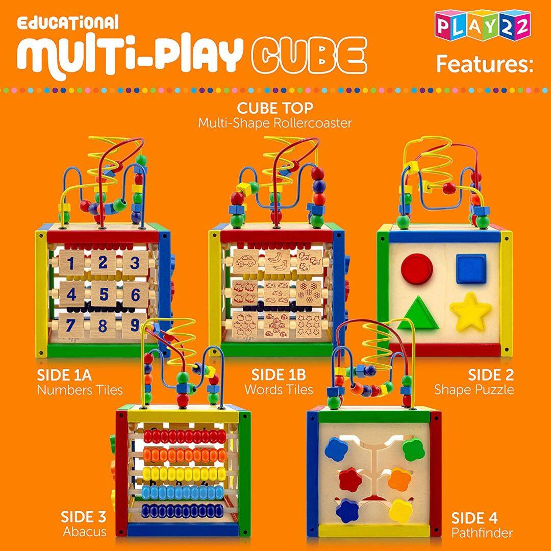**Educational Multi-Play Cube**

**CUBE TOP**  
Multi-Shape Rollercoaster

**Features:**

- **SIDE 1A**  
  Numbers Tiles

- **SIDE 1B**  
  Words Tiles

- **SIDE 2**  
  Shape Puzzle

- **SIDE 3**  
  Abacus

- **SIDE 4**  
  Pathfinder

**PLAY22**