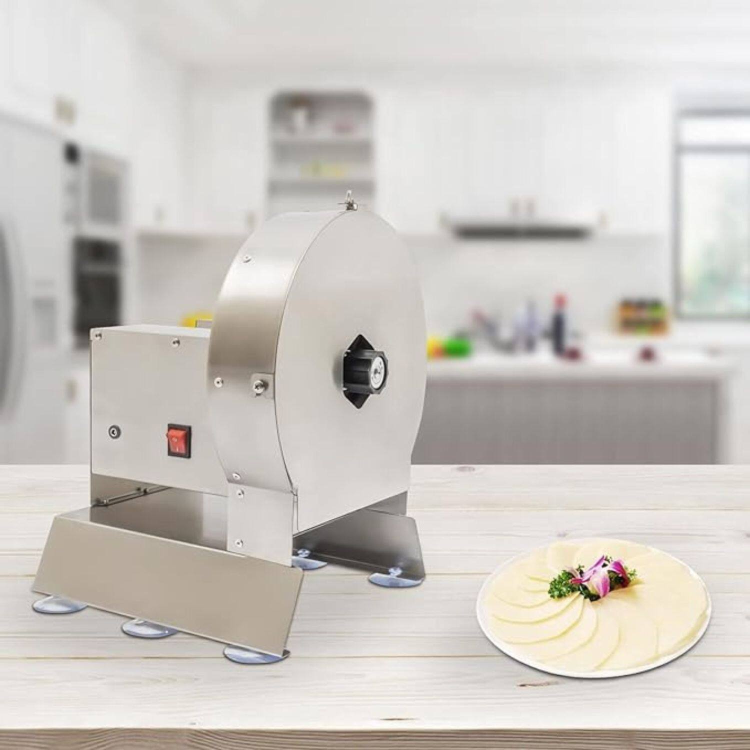 Angle. Stock Preferred - Commercial Electric Vegetable Slicer & Cabbage Shredder - Silver.