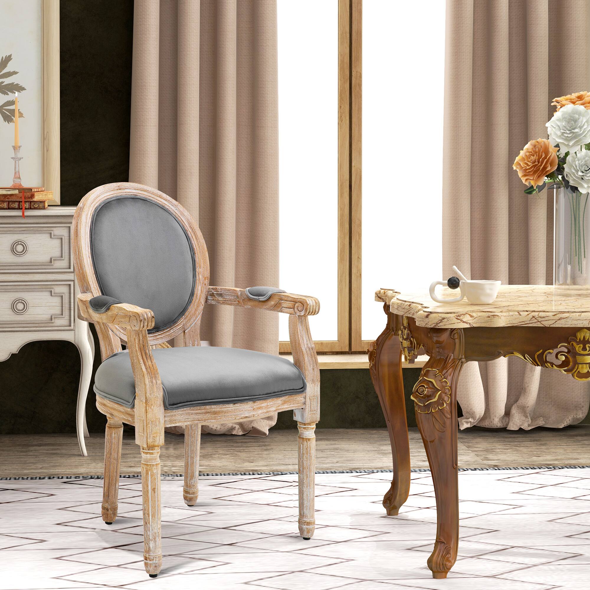 Alt View 1. Homcom - Vintage Dining Chair with Round Back, Thick Sponge Padded Seat and Section Armrest with Wood Frame - Grey.