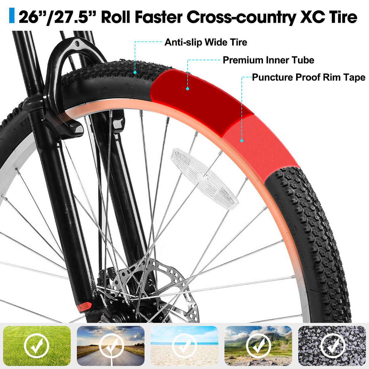 26"/27.5" Roll Faster Cross-country XC Tire  
Anti-slip Wide Tire  
Premium Inner Tube  
Puncture Proof Rim Tape