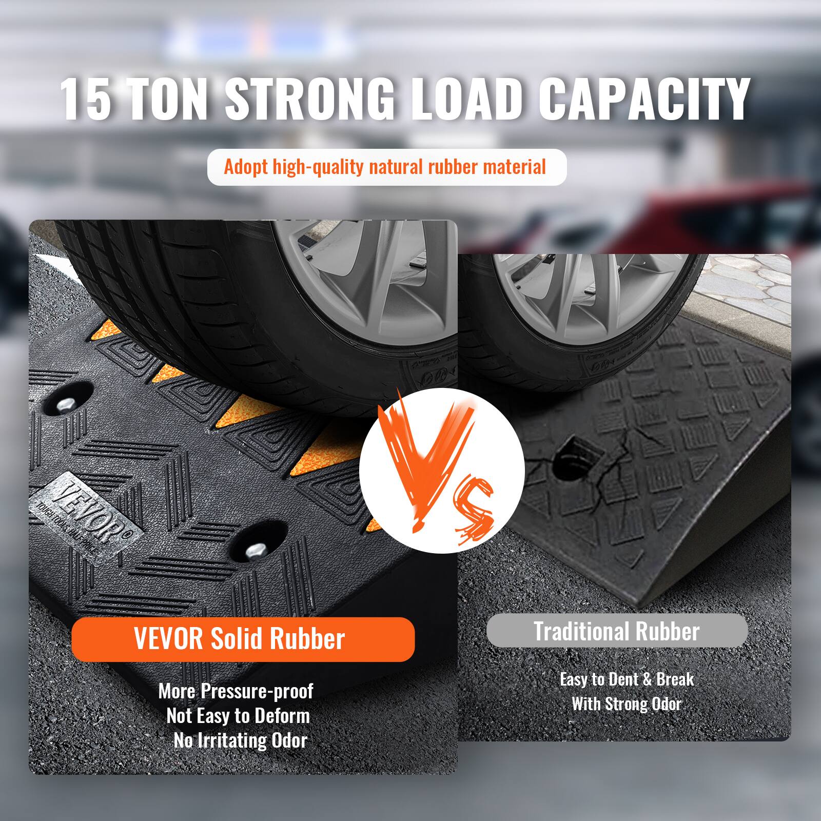 15 TON STRONG LOAD CAPACITY

Adopt high-quality natural rubber material

VEVOR Solid Rubber
- More Pressure-proof
- Not Easy to Deform
- No Irritating Odor

Traditional Rubber
- Easy to Dent & Break
- With Strong Odor
