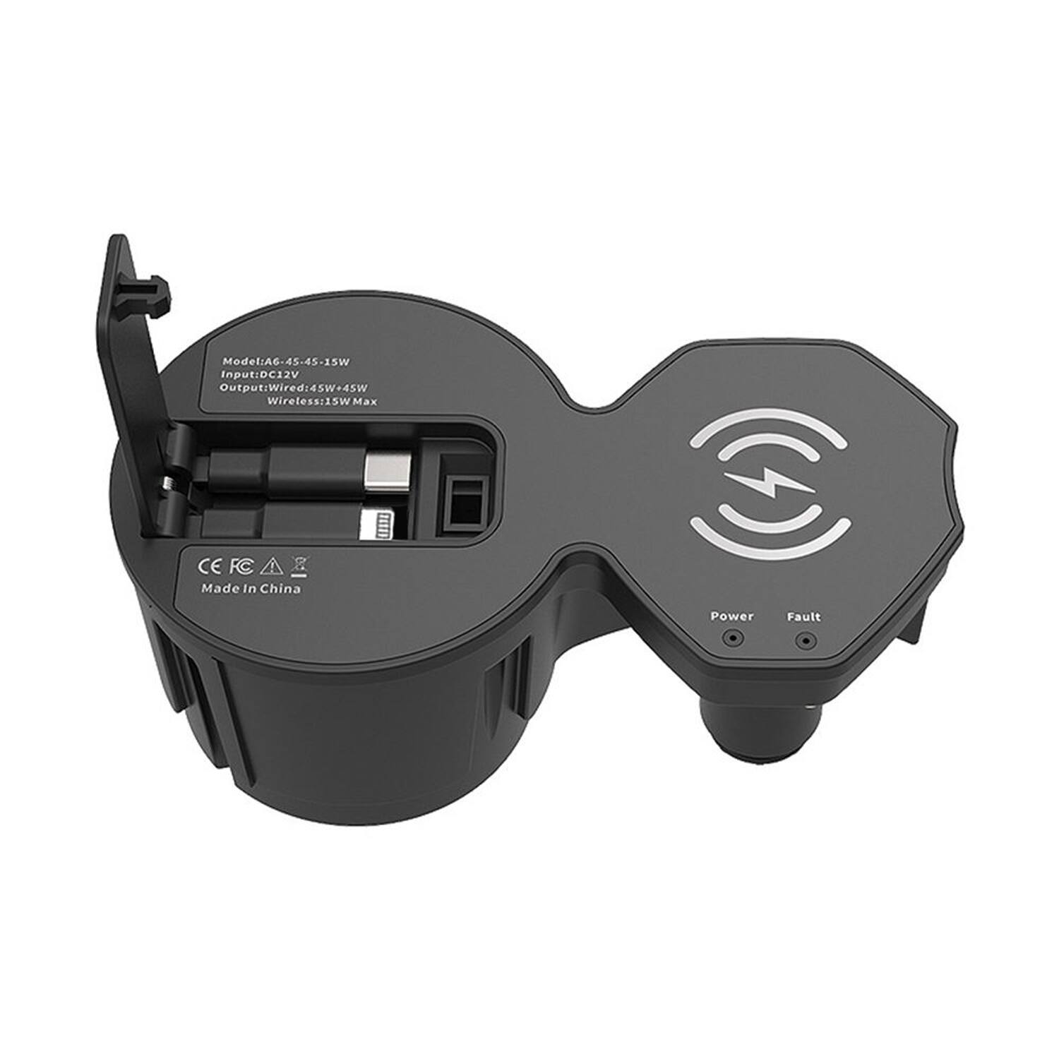 Model: A6-45-45-15W  
Input: DC12V  
Output: Wired: 45W+45W  
Wireless: 15W Max  
CE FC  
Made in China  
Power Fault