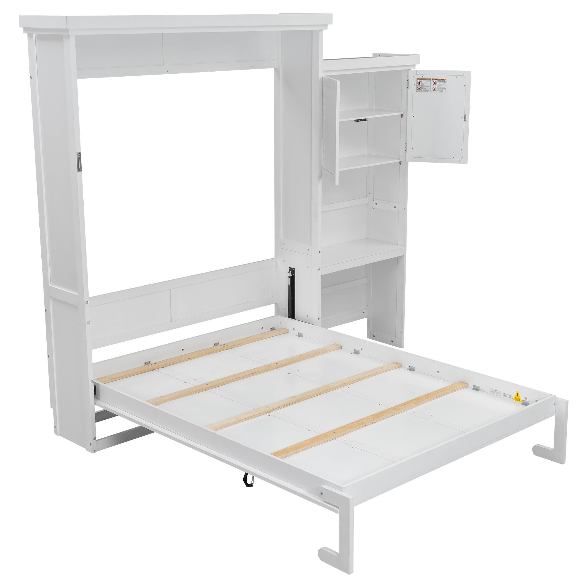 Left. Whisen - Queen Size Murphy Bed, Space-Saving Folding Bed Frame with Integrated Storage Shelves, Louvered Design - White.