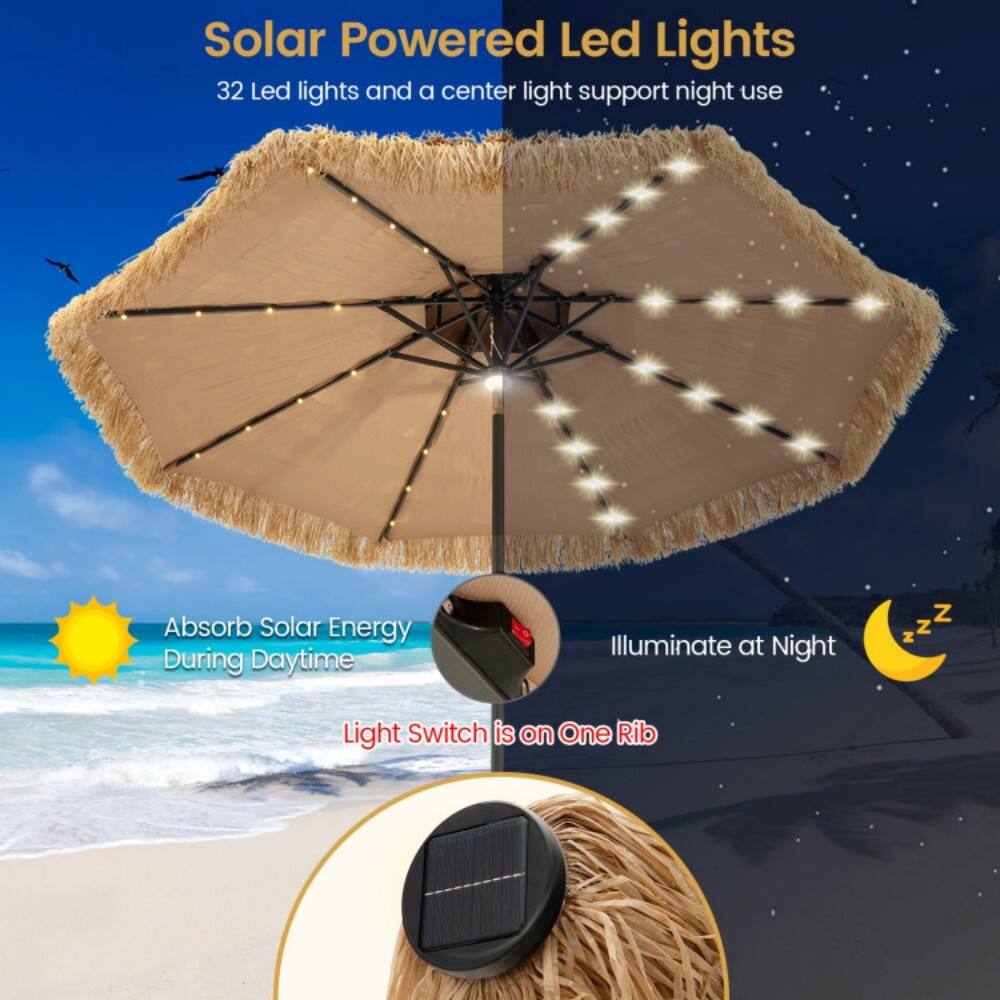 Solar Powered Led Lights  
32 Led lights and a center light support night use  
Absorb Solar Energy During Daytime  
Illuminate at Night  
Light Switch is on One Rib
