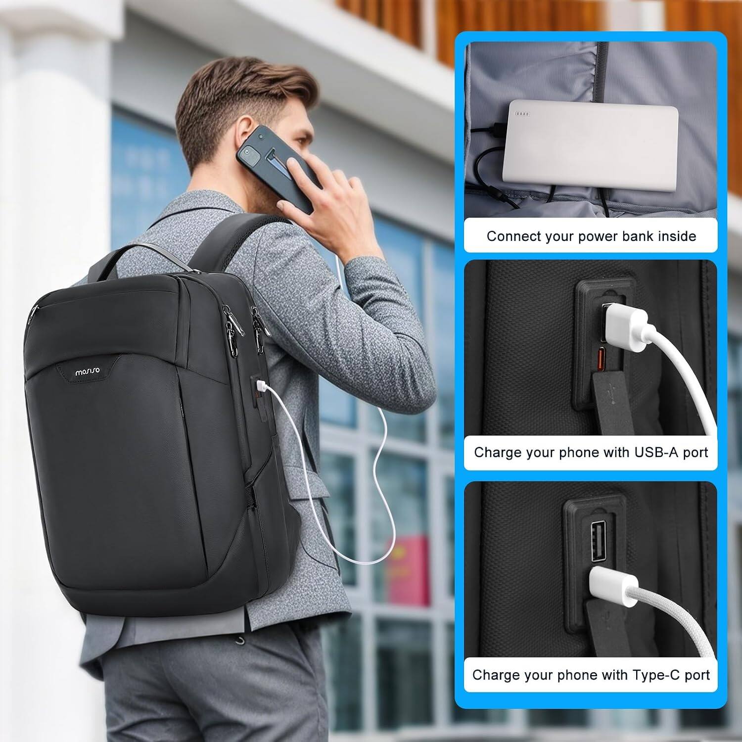 Connect your power bank inside  
Charge your phone with USB-A port  
Charge your phone with Type-C port