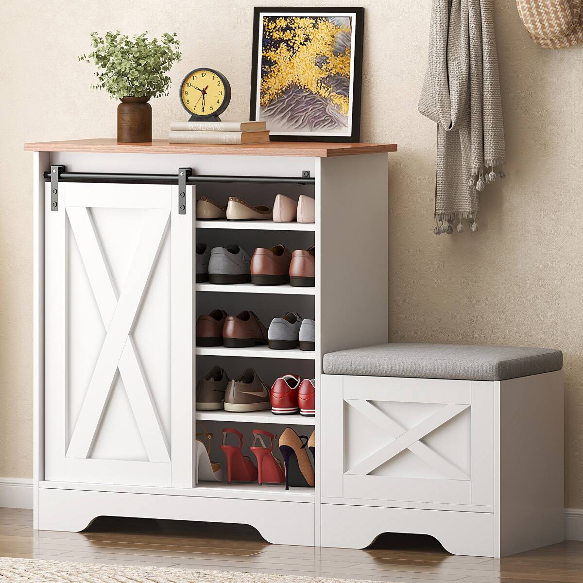 Angle. HTUTWOO - Large Capacity Entryway Shoe Rack - Cabinet with Fold-Down Organizer & Built-in Storage Bench for Hallway,Small Spaces - White.