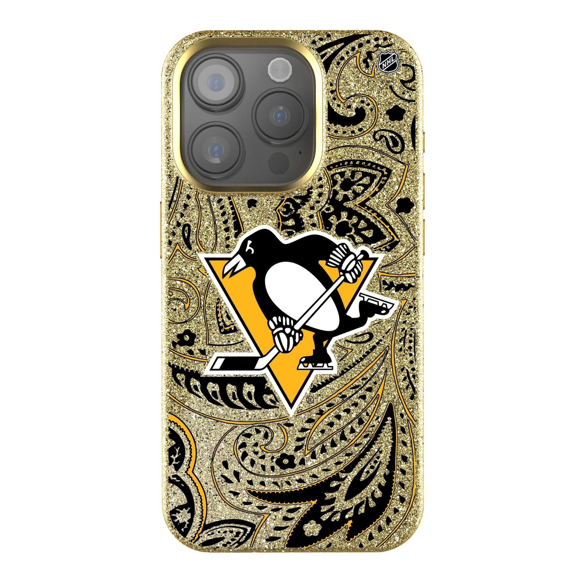 Front. Keyscaper - Gold Pittsburgh Penguins Paisley Bling iPhone Case - 15 Pro Max - Gold.