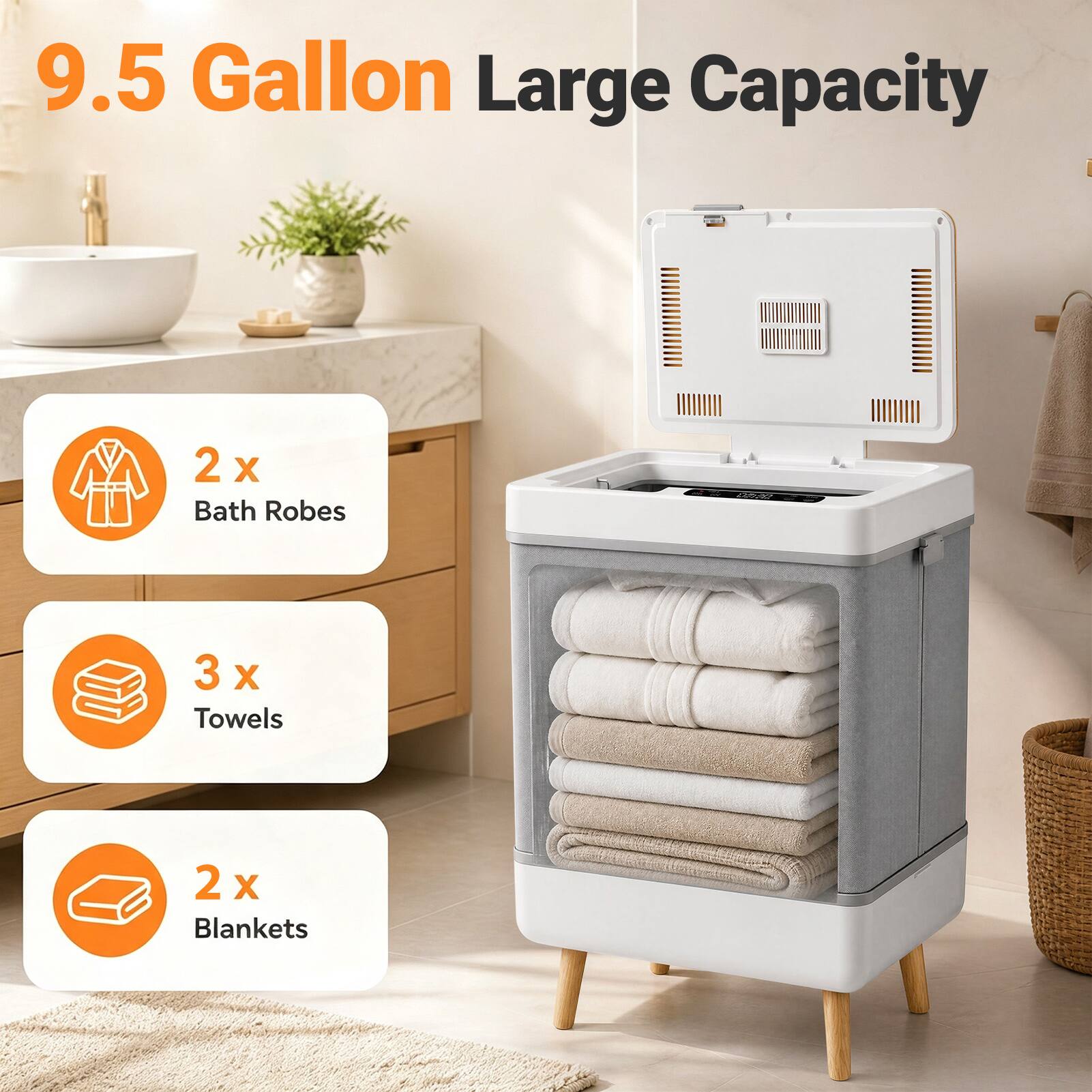 9.5 Gallon Large Capacity

2 X Bath Robes

3 X Towels

2 X Blankets