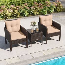 Gymax - Set of 3 Outdoor Patio PE Wicker Furniture Set w/Cushions & Tempered Glass Coffee Table - Beige