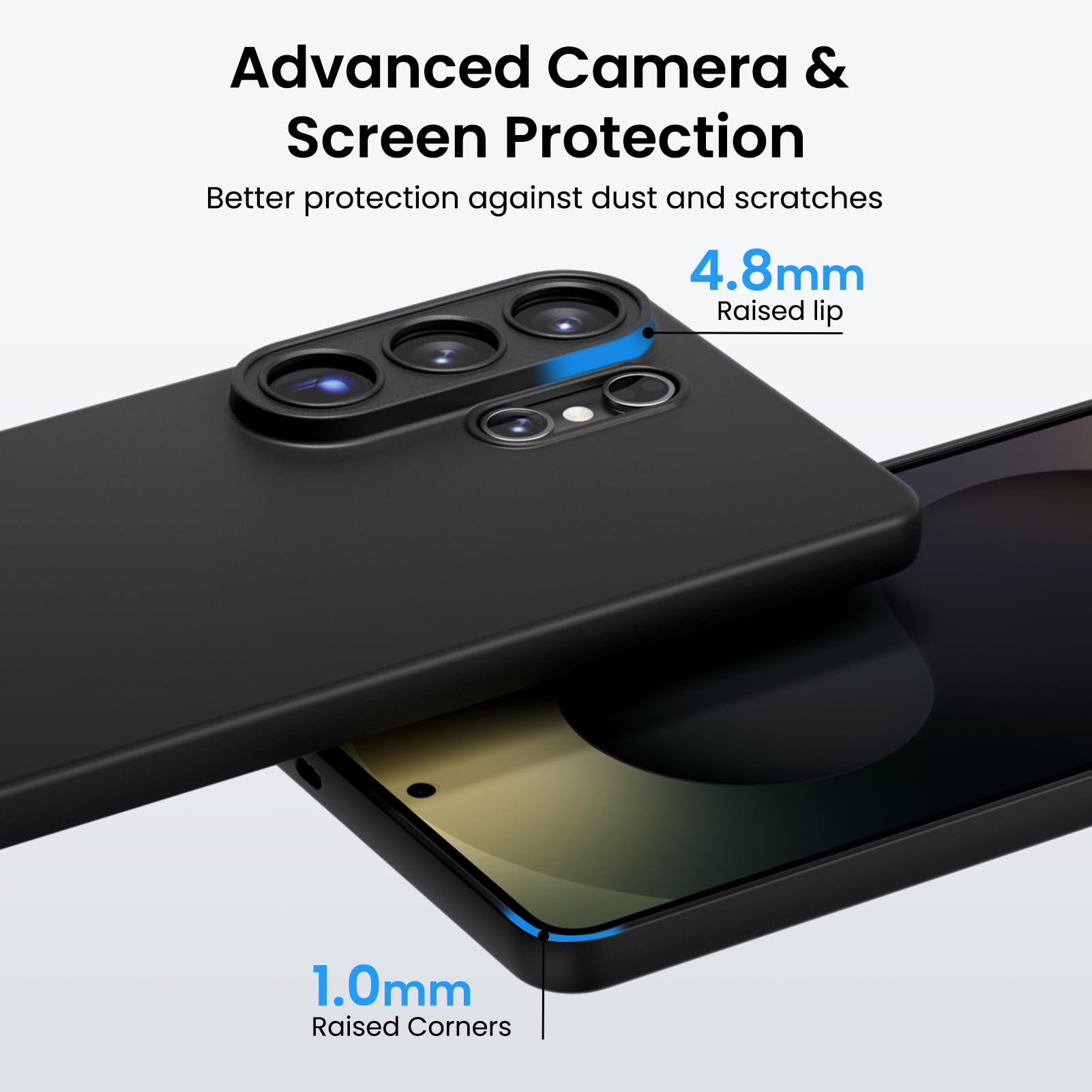 Advanced Camera & Screen Protection  
Better protection against dust and scratches  

4.8mm Raised lip  
1.0mm Raised Corners