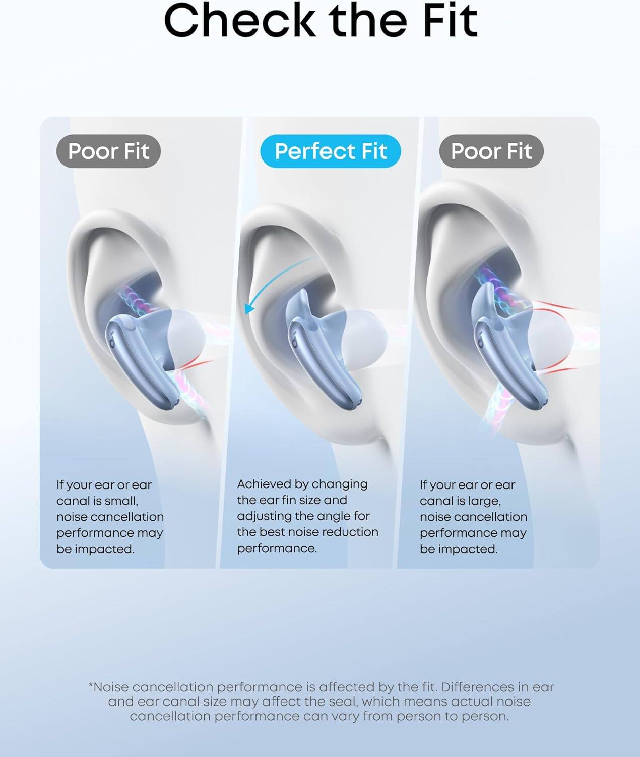 **Check the Fit**

- **Poor Fit**
  - If your ear or ear canal is small, noise cancellation performance may be impacted.

- **Perfect Fit**
  - Achieved by changing the ear fin size and adjusting the angle for the best noise reduction performance.

- **Poor Fit**
  - If your ear or ear canal is large, noise cancellation performance may be impacted.

*Noise cancellation performance is affected by the fit. Differences in ear and ear canal size may affect the seal, which means actual noise cancellation performance can vary from person to person.