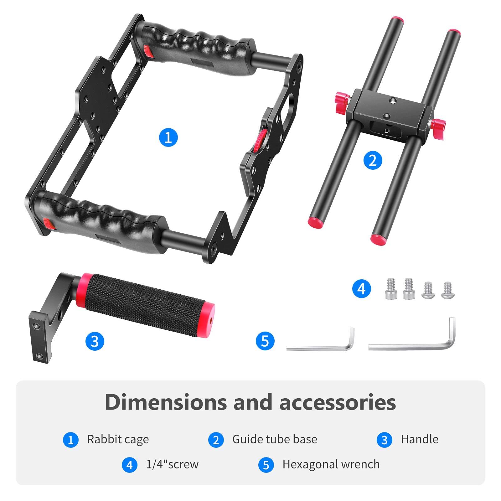 1. Rabbit cage  
2. Guide tube base  
3. Handle  
4. 1/4" screw  
5. Hexagonal wrench  

Dimensions and accessories