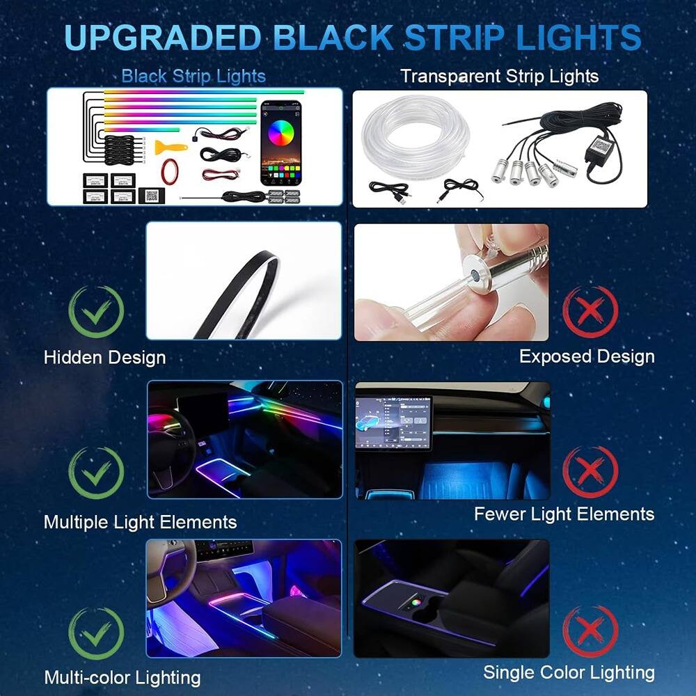 **UPGRADED BLACK STRIP LIGHTS**

- **Black Strip Lights**
- **Transparent Strip Lights**

**Hidden Design**  
✅

**Exposed Design**  
❌

**Multiple Light Elements**  
✅

**Fewer Light Elements**  
❌

**Multi-color Lighting**  
✅

**Single Color Lighting**  
❌