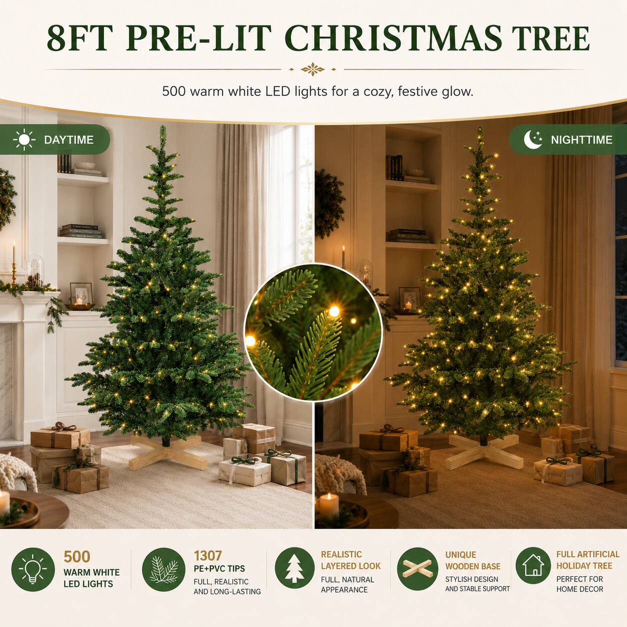 Anysun 8ft Pre Lit Christmas Tree with 500 Warm White LED Lights, 1307 ...