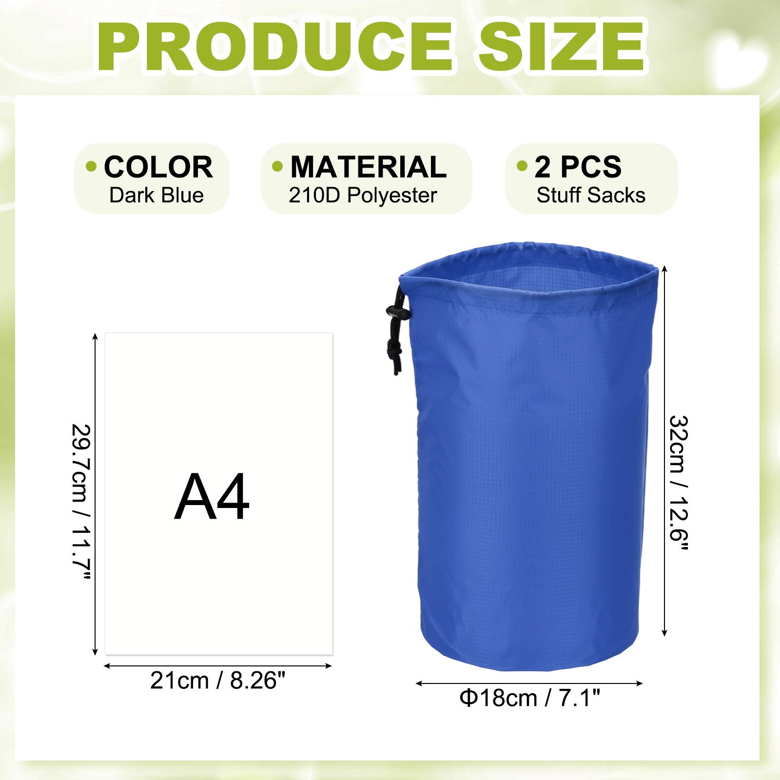 PRODUCE SIZE

- COLOR: Dark Blue
- MATERIAL: 210D Polyester
- 2 PCS Stuff Sacks

- A4: 21cm / 8.26"
- 29.7cm / 11.7"
- 32cm / 12.6"
- Ø18cm / 7.1"