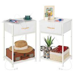 Oumilen - Set of 2 End Tables with Fabric Drawer, Mesh Shelf & Charging Station - White