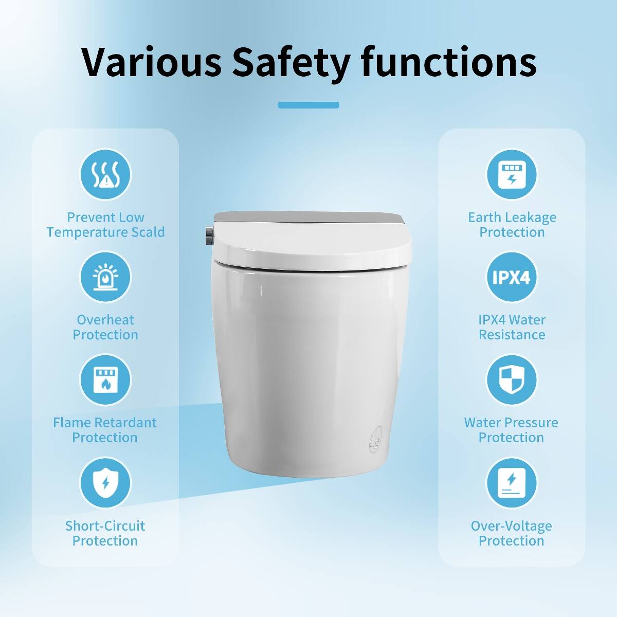 Various Safety functions

- Prevent Low Temperature Scald
- Overheat Protection
- Flame Retardant Protection
- Short-Circuit Protection
- Earth Leakage Protection
- IPX4 Water Resistance
- Water Pressure Protection
- Over-Voltage Protection